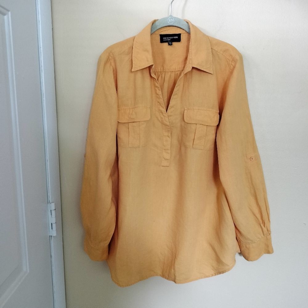 Jones New York Yellow Long Sleeve Linen L Tunic Top Shirt Popover Office Travel